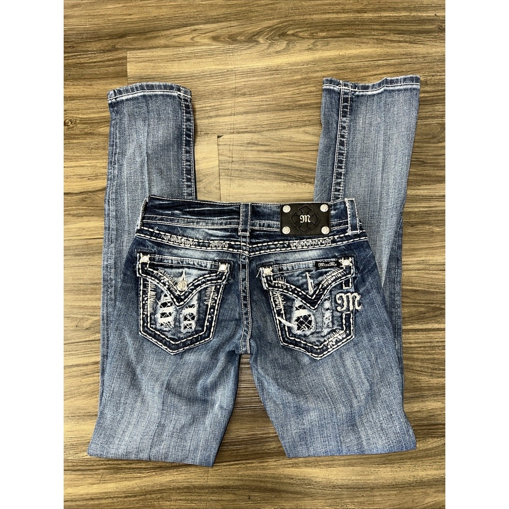 Miss Me Straight Low Rise Rhinestone Embellished Y2K Womens Jeans Denim 27 x 32